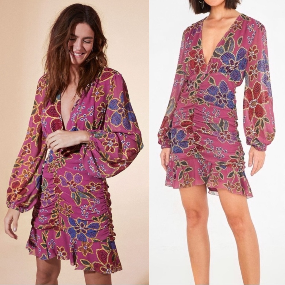 FARM RIO Mauve Pink Blue Floral Long Sleeve Plunging V Ruched Ruffle Mini Dress - Picture 17 of 17